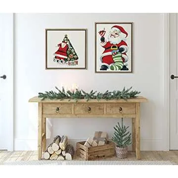Kate and Laurel x Piddix Collaboration Santa Claus Framed Linen Textured Canvas Wall Art, 18x24 Gold, Decorative Holiday Wall Decor