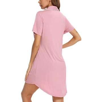 Samring Women's Nightgown Button Down Sleepshirt Short Sleeve Nightshirt Boyfriend Sleepwear Dusty Rose L