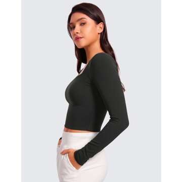 CRZ YOGA Womens Butterluxe Double Lined Long Sleeve Crop Top Square Neck Workout Athletic Casual Cropped Fitted Basic Shirts Black Medium
