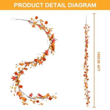 RoseCraft Fall Garland Decor, 6Ft Artificial Berries Pumpkin Maple Leaf Autumn Garland Decorations, for Home Fireplace Door Frame Doorway Porch Backdrop Indoor/Outdoor Party Weeding Holiday Decor.