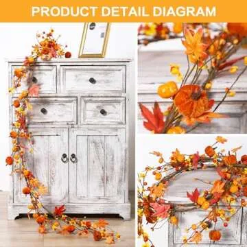 RoseCraft Fall Garland Decor, 6Ft Artificial Berries Pumpkin Maple Leaf Autumn Garland Decorations, for Home Fireplace Door Frame Doorway Porch Backdrop Indoor/Outdoor Party Weeding Holiday Decor.