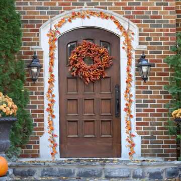 RoseCraft Fall Garland Decor, 6Ft Artificial Berries Pumpkin Maple Leaf Autumn Garland Decorations, for Home Fireplace Door Frame Doorway Porch Backdrop Indoor/Outdoor Party Weeding Holiday Decor.