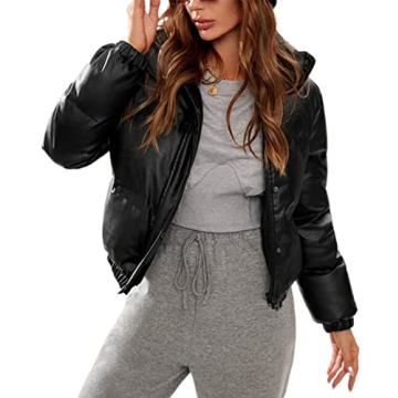 Tanming Womens Faux Leather Puffer Jacket for Winter Style