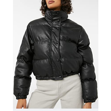 Tanming Womens Faux Leather Puffer Jacket for Winter Style