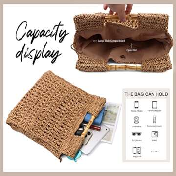 Oweisong Women Straw Beach Tote Bag Summer Large Bamboo Top Handle Handbag Hand Woven Shoulder Crossbody Purse for Travel