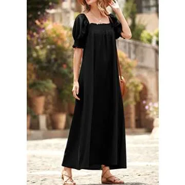 KIRUNDO Women 2025 Summer Maxi Dress Casual Loose Puff Sleeve Square Neck Maternity Flowy Long Beach Dresses with Pockets(Black, Small)