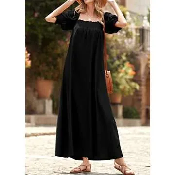 KIRUNDO Women 2025 Summer Maxi Dress Casual Loose Puff Sleeve Square Neck Maternity Flowy Long Beach Dresses with Pockets(Black, Small)