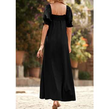 KIRUNDO Women 2025 Summer Maxi Dress Casual Loose Puff Sleeve Square Neck Maternity Flowy Long Beach Dresses with Pockets(Black, Small)