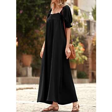 KIRUNDO Women 2025 Summer Maxi Dress Casual Loose Puff Sleeve Square Neck Maternity Flowy Long Beach Dresses with Pockets(Black, Small)
