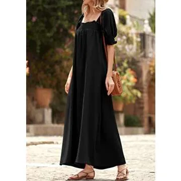 KIRUNDO Women 2025 Summer Maxi Dress Casual Loose Puff Sleeve Square Neck Maternity Flowy Long Beach Dresses with Pockets(Black, Small)