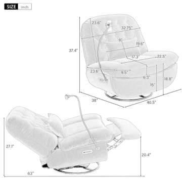 Power Recliner Sofa Chair, 270 Degree Swivel Leisure Single Sofa with Voice Control, Wireless Speaker, USB Ports, Atmosphere Lamp, Hidden Arm Storage and Phone Holder for Living Room, Bedroom, Yellow