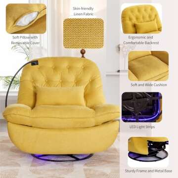Power Recliner Sofa Chair, 270 Degree Swivel Leisure Single Sofa with Voice Control, Wireless Speaker, USB Ports, Atmosphere Lamp, Hidden Arm Storage and Phone Holder for Living Room, Bedroom, Yellow