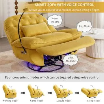 Power Recliner Sofa Chair, 270 Degree Swivel Leisure Single Sofa with Voice Control, Wireless Speaker, USB Ports, Atmosphere Lamp, Hidden Arm Storage and Phone Holder for Living Room, Bedroom, Yellow