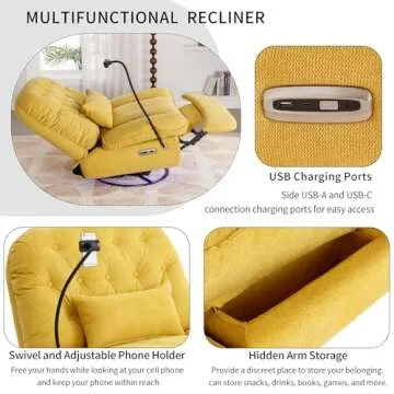 Power Recliner Sofa Chair, 270 Degree Swivel Leisure Single Sofa with Voice Control, Wireless Speaker, USB Ports, Atmosphere Lamp, Hidden Arm Storage and Phone Holder for Living Room, Bedroom, Yellow