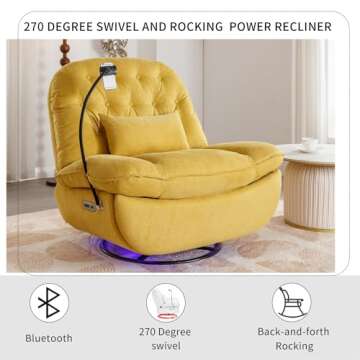Power Recliner Sofa Chair, 270 Degree Swivel Leisure Single Sofa with Voice Control, Wireless Speaker, USB Ports, Atmosphere Lamp, Hidden Arm Storage and Phone Holder for Living Room, Bedroom, Yellow