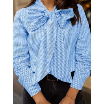 Cicy Bell Womens Plaid Shirts Bow Tied Neck Button Down Long Sleeve Casual Dressy Blouse Tops Sky Blue