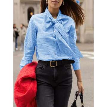 Cicy Bell Womens Plaid Shirts Bow Tied Neck Button Down Long Sleeve Casual Dressy Blouse Tops Sky Blue