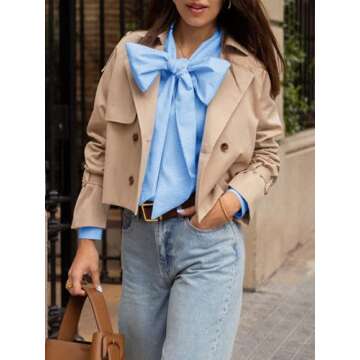 Cicy Bell Womens Plaid Shirts Bow Tied Neck Button Down Long Sleeve Casual Dressy Blouse Tops Sky Blue