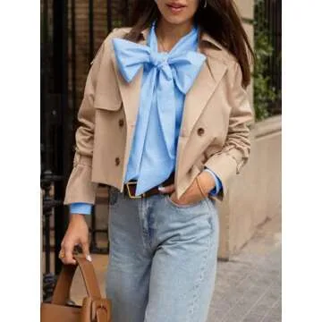 Cicy Bell Womens Plaid Shirts Bow Tied Neck Button Down Long Sleeve Casual Dressy Blouse Tops Sky Blue