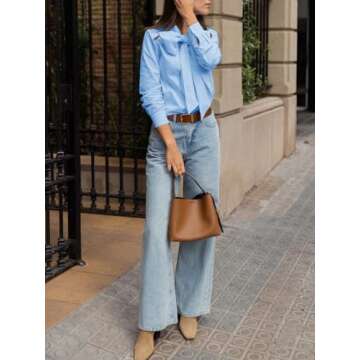 Cicy Bell Womens Plaid Shirts Bow Tied Neck Button Down Long Sleeve Casual Dressy Blouse Tops Sky Blue