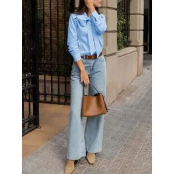 Cicy Bell Womens Plaid Shirts Bow Tied Neck Button Down Long Sleeve Casual Dressy Blouse Tops Sky Blue