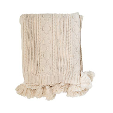 Cozy Chunky Knit Cotton Throw with Tassels - Cream