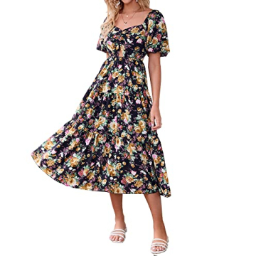 BTFBM Women Summer Dresses 2025 Casual Flowy Beach Square Neck Puff Short Sleeve Smocked Back Boho F...