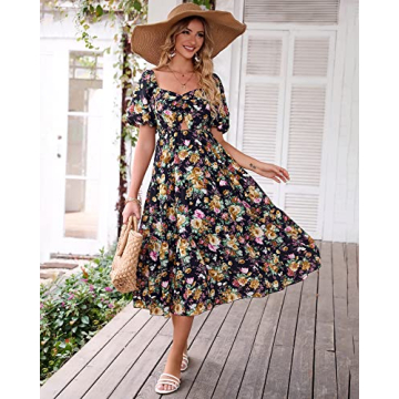BTFBM Women Summer Dresses 2025 Casual Flowy Beach Square Neck Puff Short Sleeve Smocked Back Boho Floral Long Maxi Dress(Floral Black Yellow, Large)