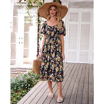 BTFBM Women Summer Dresses 2025 Casual Flowy Beach Square Neck Puff Short Sleeve Smocked Back Boho Floral Long Maxi Dress(Floral Black Yellow, Large)