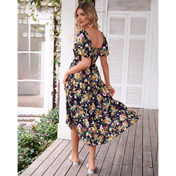 BTFBM Women Summer Dresses 2025 Casual Flowy Beach Square Neck Puff Short Sleeve Smocked Back Boho Floral Long Maxi Dress(Floral Black Yellow, Large)