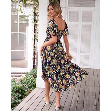 BTFBM Women Summer Dresses 2025 Casual Flowy Beach Square Neck Puff Short Sleeve Smocked Back Boho Floral Long Maxi Dress(Floral Black Yellow, Large)