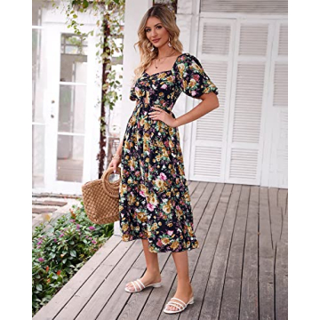 BTFBM Women Summer Dresses 2025 Casual Flowy Beach Square Neck Puff Short Sleeve Smocked Back Boho Floral Long Maxi Dress(Floral Black Yellow, Large)