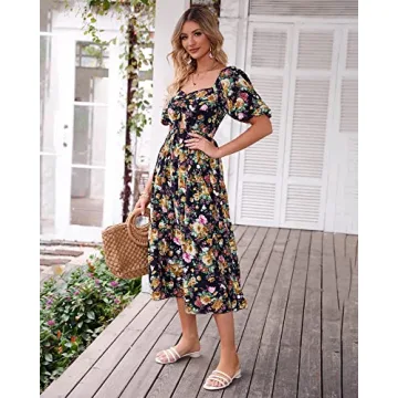BTFBM Women Summer Dresses 2025 Casual Flowy Beach Square Neck Puff Short Sleeve Smocked Back Boho Floral Long Maxi Dress(Floral Black Yellow, Large)