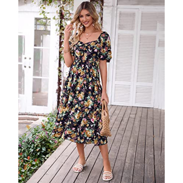 BTFBM Women Summer Dresses 2025 Casual Flowy Beach Square Neck Puff Short Sleeve Smocked Back Boho Floral Long Maxi Dress(Floral Black Yellow, Large)