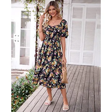 BTFBM Women Summer Dresses 2025 Casual Flowy Beach Square Neck Puff Short Sleeve Smocked Back Boho Floral Long Maxi Dress(Floral Black Yellow, Large)