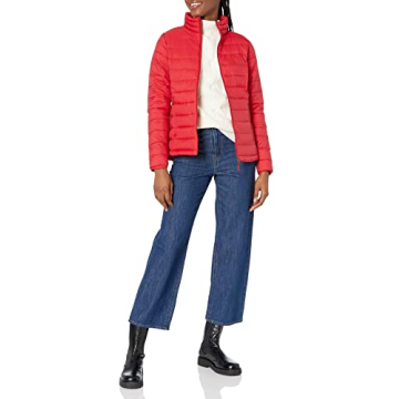 Amazon Essentials Women's Lightweight Long-Sleeve Water-Resistant Packable Puffer Jacket (Available in Plus Size), Red, Medium