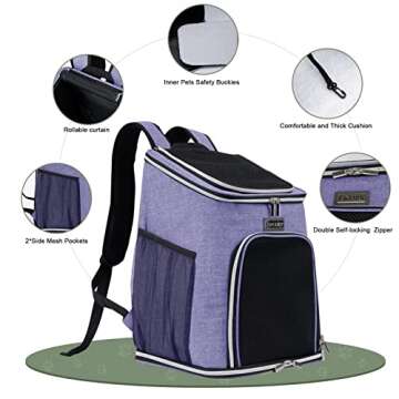 BAGLHER Cat Backpack Carrier, Mesh Pet Cat Carrier for Medium Small Dog Cat Puppy Kitten Bunny up to 18lbs, Dog Travel Backpack for Picnic Hiking Walking Cycling, Purple