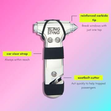 BLINGSTING Safety Hammer - Emergency Automotive Escape Tool with Window Breaker, Seat Belt Cutter & Adjustable Car Visor Strap - Tempered Glass Breaker - Steel Blade - Silver (1 Count)