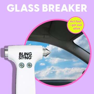 BLINGSTING Safety Hammer - Emergency Automotive Escape Tool with Window Breaker, Seat Belt Cutter & Adjustable Car Visor Strap - Tempered Glass Breaker - Steel Blade - Silver (1 Count)
