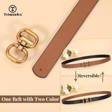 TRIWORKS Reversible Leather Belt for Women with Gold Buckle - Stylish & Versatile