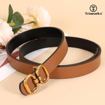 TRIWORKS Reversible Leather Belt for Women Stylish Gold Buckle
