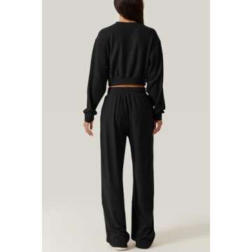 QINSEN Women 2 Piece Outfits Sweatsuit Set Twist Front Cropped Sweatshirt Wide Leg Sweatpant Lounge Set Tracksuit Black L