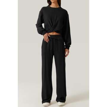 QINSEN Women 2 Piece Outfits Sweatsuit Set Twist Front Cropped Sweatshirt Wide Leg Sweatpant Lounge Set Tracksuit Black L
