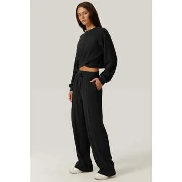 QINSEN Women 2 Piece Outfits Sweatsuit Set Twist Front Cropped Sweatshirt Wide Leg Sweatpant Lounge Set Tracksuit Black L