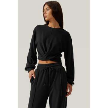 QINSEN Women 2 Piece Outfits Sweatsuit Set Twist Front Cropped Sweatshirt Wide Leg Sweatpant Lounge Set Tracksuit Black L