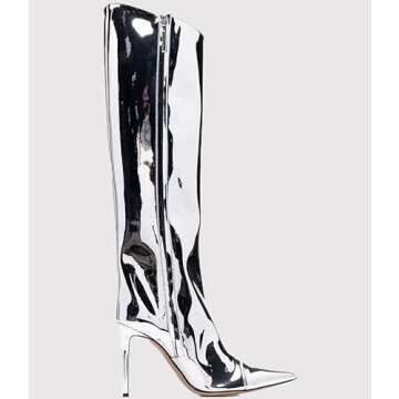MissHeel Wide Calf Stiletto Boots Metallic Boots Sexy Silver Knee High Heel Boots Patent Leather Poi...