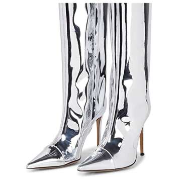 MissHeel Wide Calf Stiletto Boots Metallic Boots Sexy Silver Knee High Heel Boots Patent Leather Pointed Toe Slouch Boots Size 9