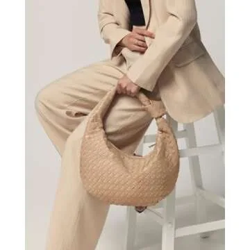Woven Purse - Woven Tote bag for Women - Knotted Large Slouchy Hobo Shoulder Handbags - Soft Vegan Leather - Beige