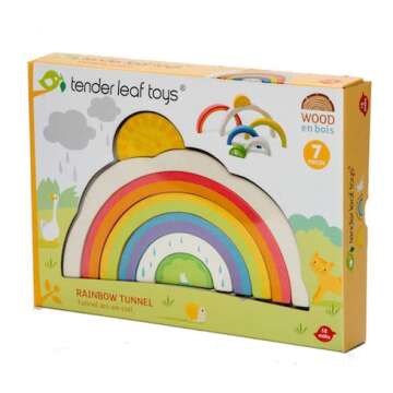 Tender Leaf Toys - Rainbow Tunnel - 7 Pcs Beautiful Wooden Rainbow Stacker - Colorful Rainbow Stacki...