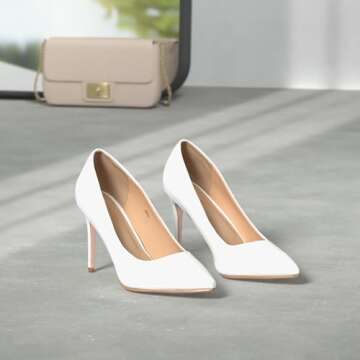 IDIFU Women's IN4 Classic Pointed Toe High Heels Pumps Wedding Dress Office Shoes (White PU, 8 B(M) ...